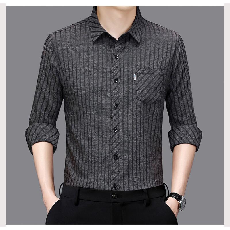 Smooth Anti-pilling Mulberry Silk Men's Long-sleeved Shirt Spring and Autumn New Striped Shirt No Ironing