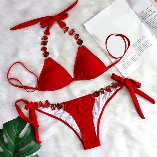 2Pcs/Set Split Bikini Rhinestones Metal Chain Sexy Adjustable Pure Color Swimwear for Swimming