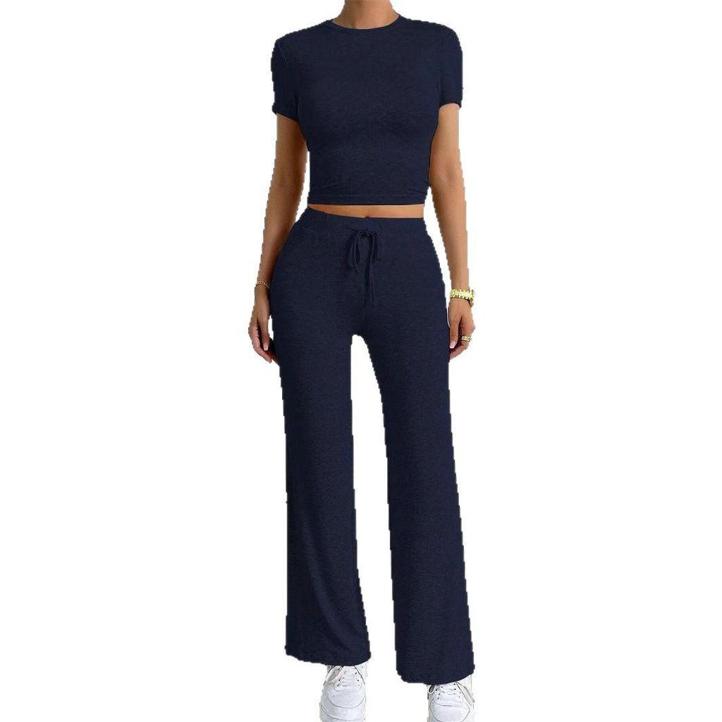 2025 Women's Spring Solid Color Casual Two-Piece Set: Short Sleeve & Long Pants