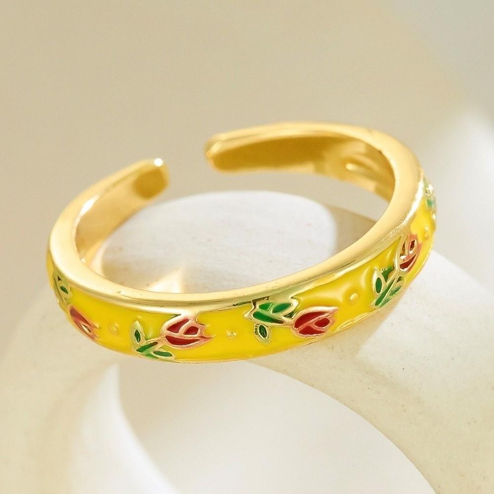 Unique Vintage Geometric Ring Flower Adjustable Tulip Ring Bohemian Enamel Open Ring Parties