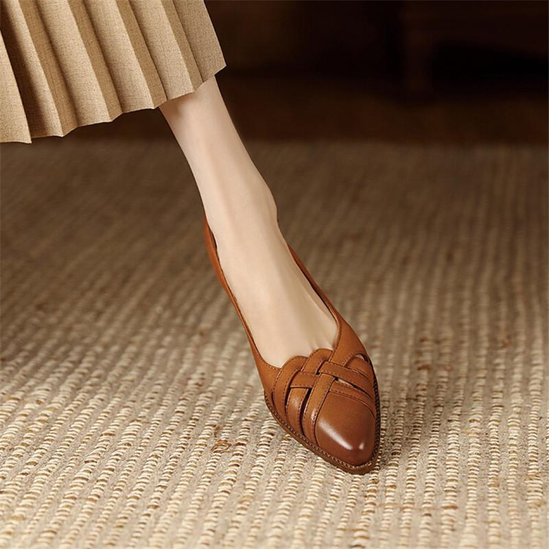 Fashion Summer Sandals Genuine Leather Sandals Casual French Retro Pointed Toe Hollow Out GLADIATOR Sheepskin Sandals Thick Heel Shoes