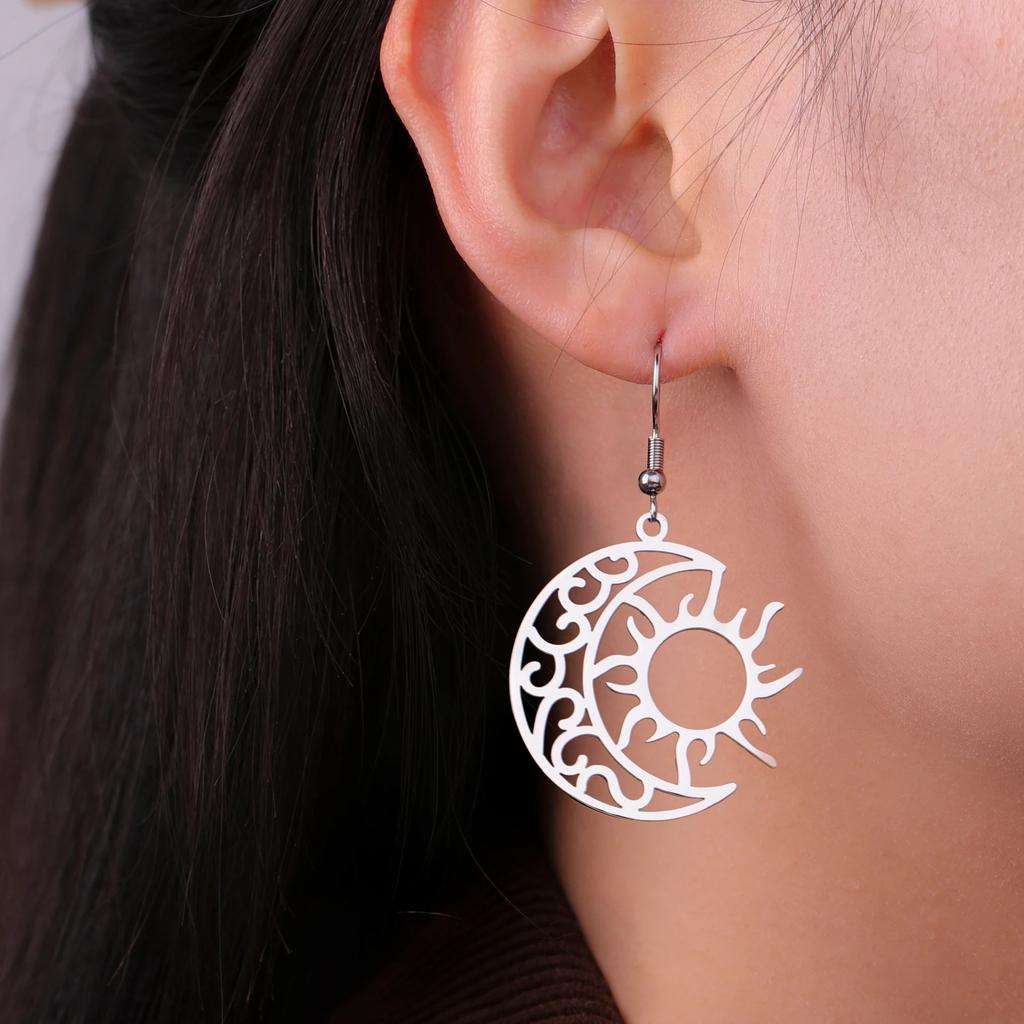 Crescent Moon Sun Pendant Drop Earrings for Women Stainless Steel Gold Earrings Bohemian Jewelry Birthday Gift