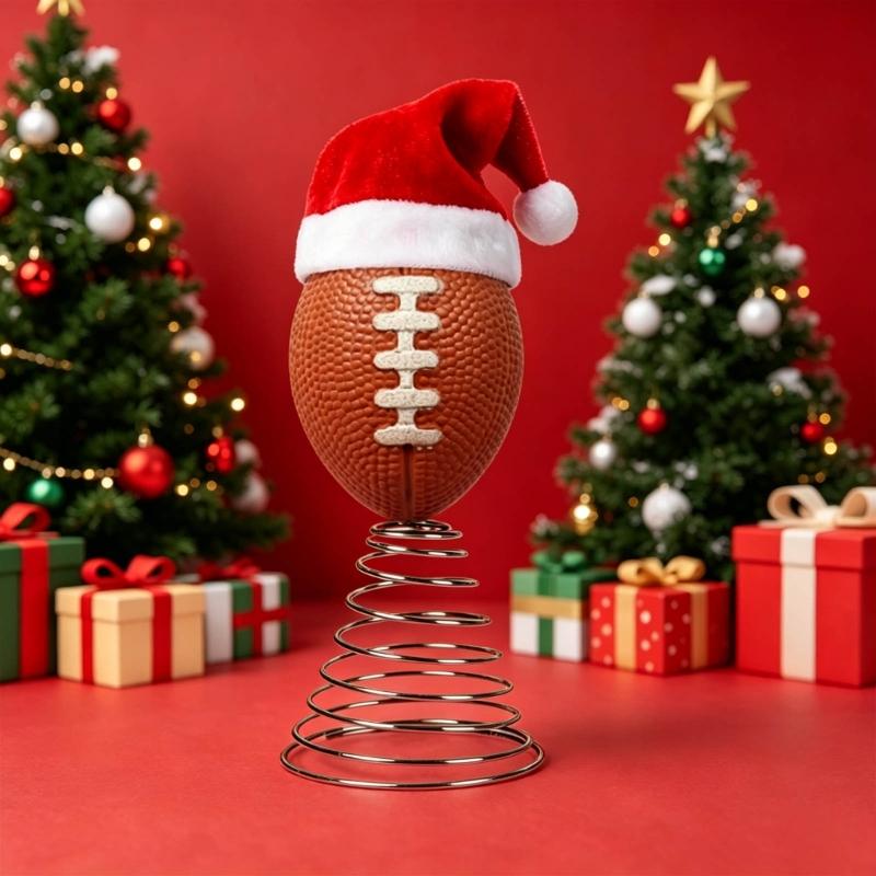 Sports Ball Christmas Tree Top Ornament, Spring Mounted Santa Hat Style for Indoor Holiday Party Tabletop Shelf Display