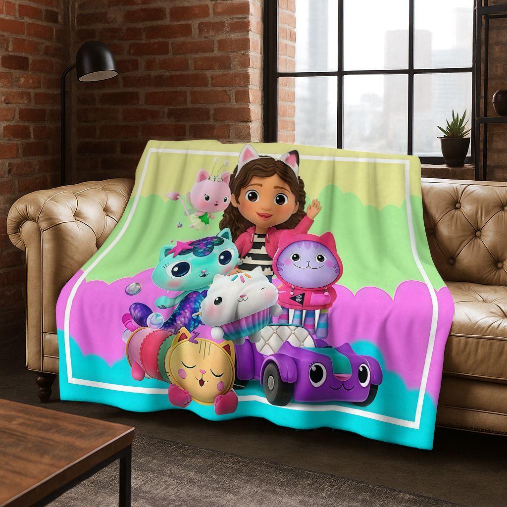 Cute Gabbys Dollhouse Cartoon Girl Kids Flannel Blanket Soft Warm Throw Blanket for Bed Bedroom Room Living Room Christmas Gift