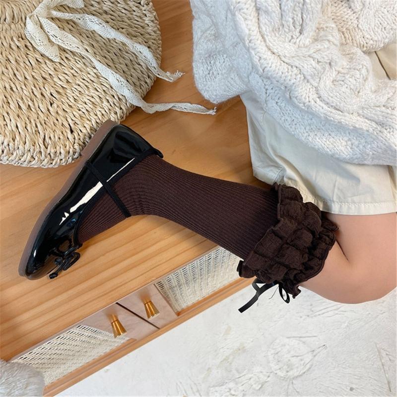 Breathable Cotton Hosiery Socks for Girls Toddler Stretchy Knee High Socks Puff Edge Lace Bows Socks for Autumn Spring