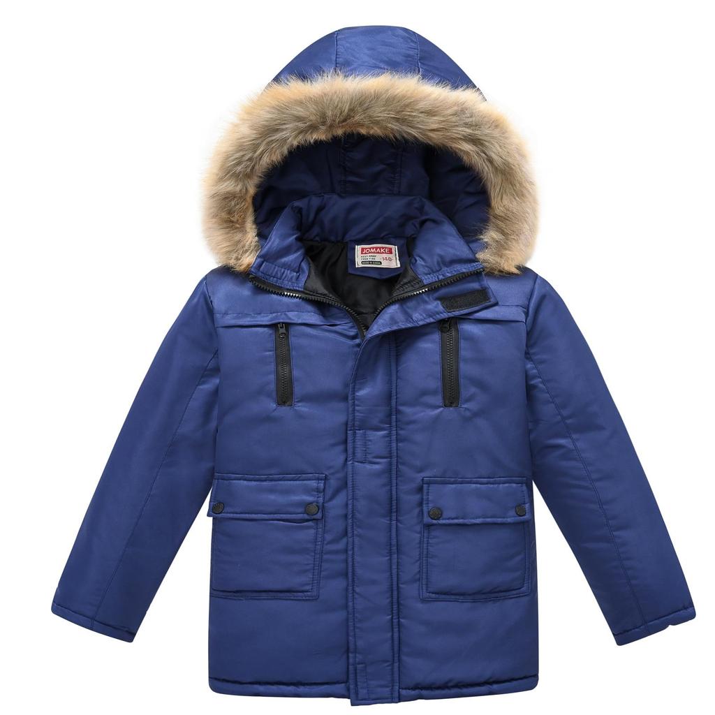 Middle and Big Children's Cotton Jacket Solid Color Thickened Warm Rushing Jacket Boys and Girls Hair Collar Removable Hooded Jacket