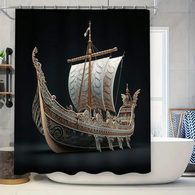 

Viking Boat Shower Curtain Decorative Nautical Theme For Bathroom Black Background With White Sail Ships World W60H190(CM)-1 Pcs