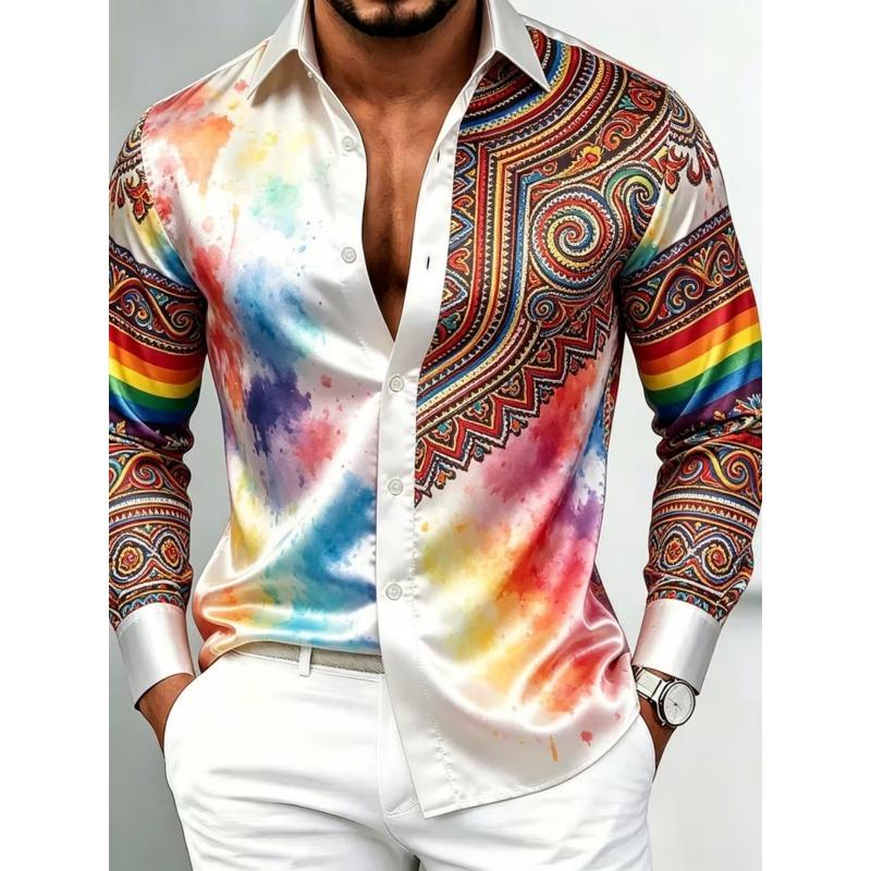 Men's New Series Long Sleeved Satin Shirt, 3D Printed with Various Printed Patterns, Luxurious and Fashionable