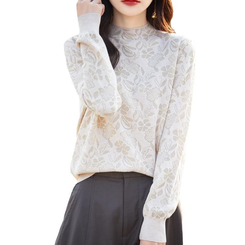 Spring and Autumn Women's Knitwear Jacquard Half High Neck Bottom Shirt Loose Long Sleeve Top