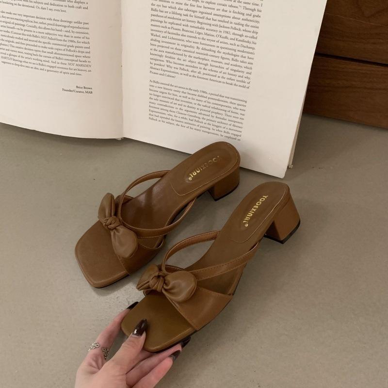 Niche Minimalist Style Retro Bow Thick Heel Slippers Summer