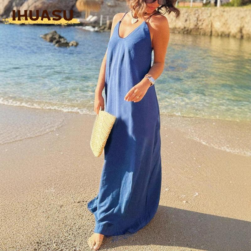 IHUASU Women's Fashion Summer Spring Solid Color Print V-Neck Sleeveless Casual Dresses