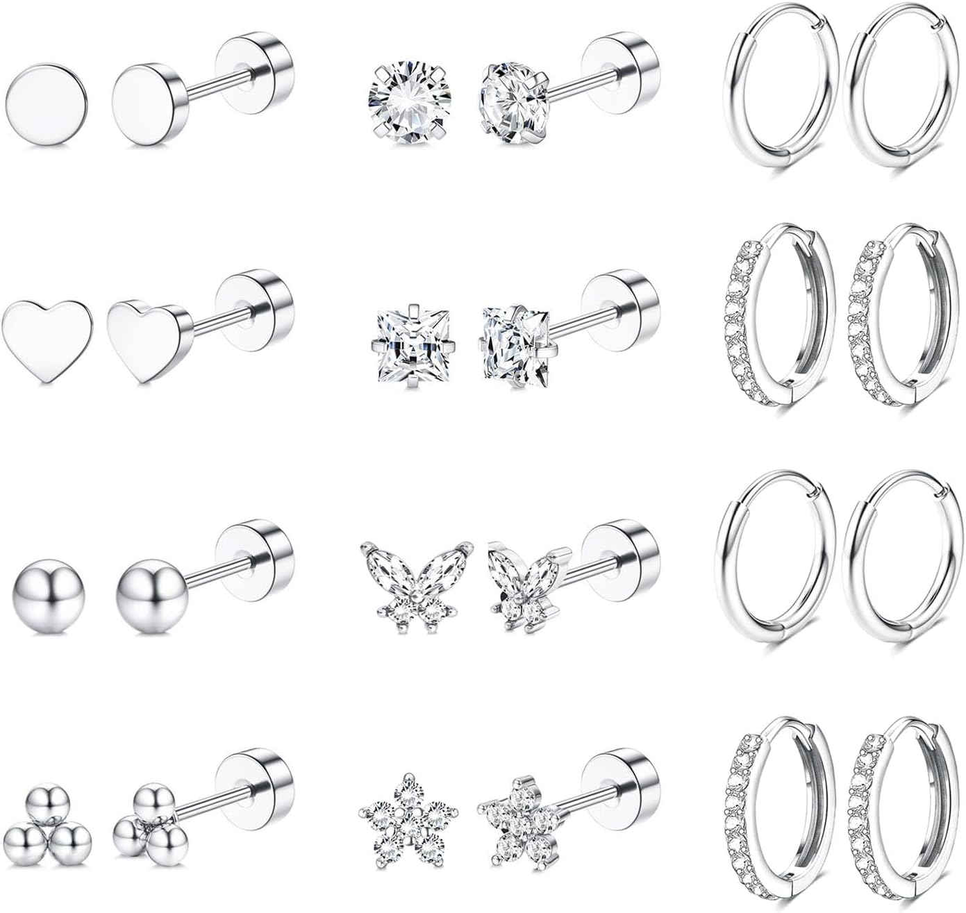 Hypoallergene Chirurgische Stahl Ohrringe für empfindliche Ohren 14K Gold Flacher Rücken Stecker Creolen Knorpel Ohrring Set Mehrfach Piercing white