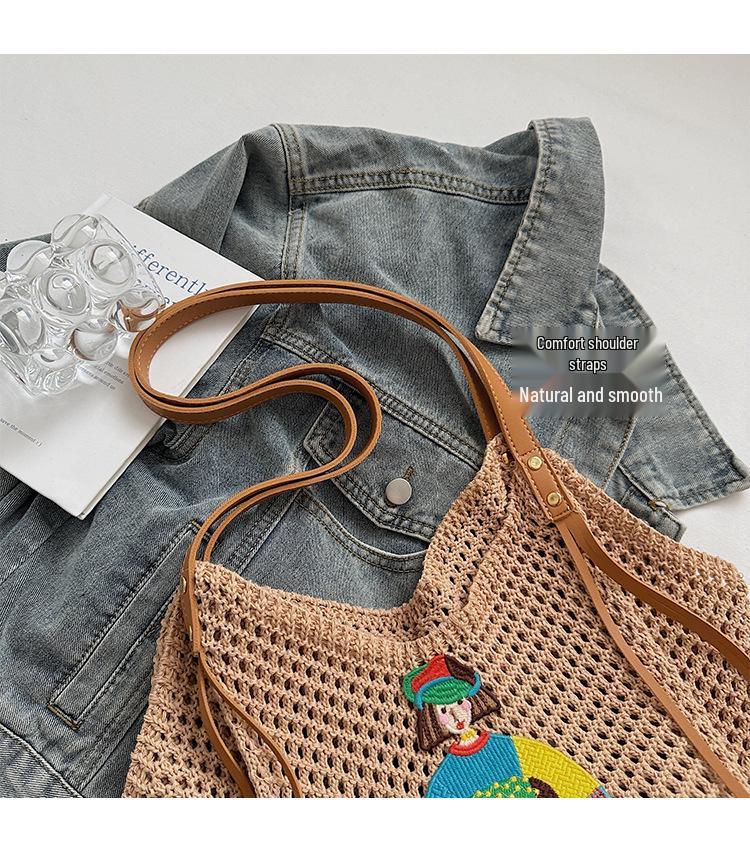 Damen geflochtene Stroh-Schultertasche - Nischenmarkt, Lässiger Stil, Hohlmuster für Urlaub oder Pendeln