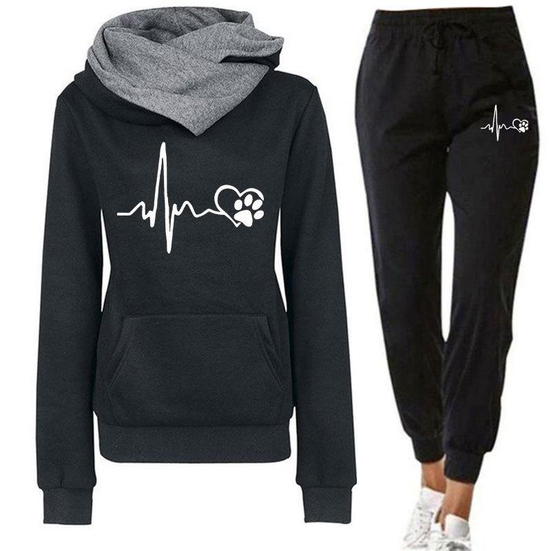 Neues Frühlings- und Herbst-Winter-Freizeitsport-Set, Herzschlagfrequenz-bedruckter Damen-Hoodie, Sweatshirt-Set, trendig