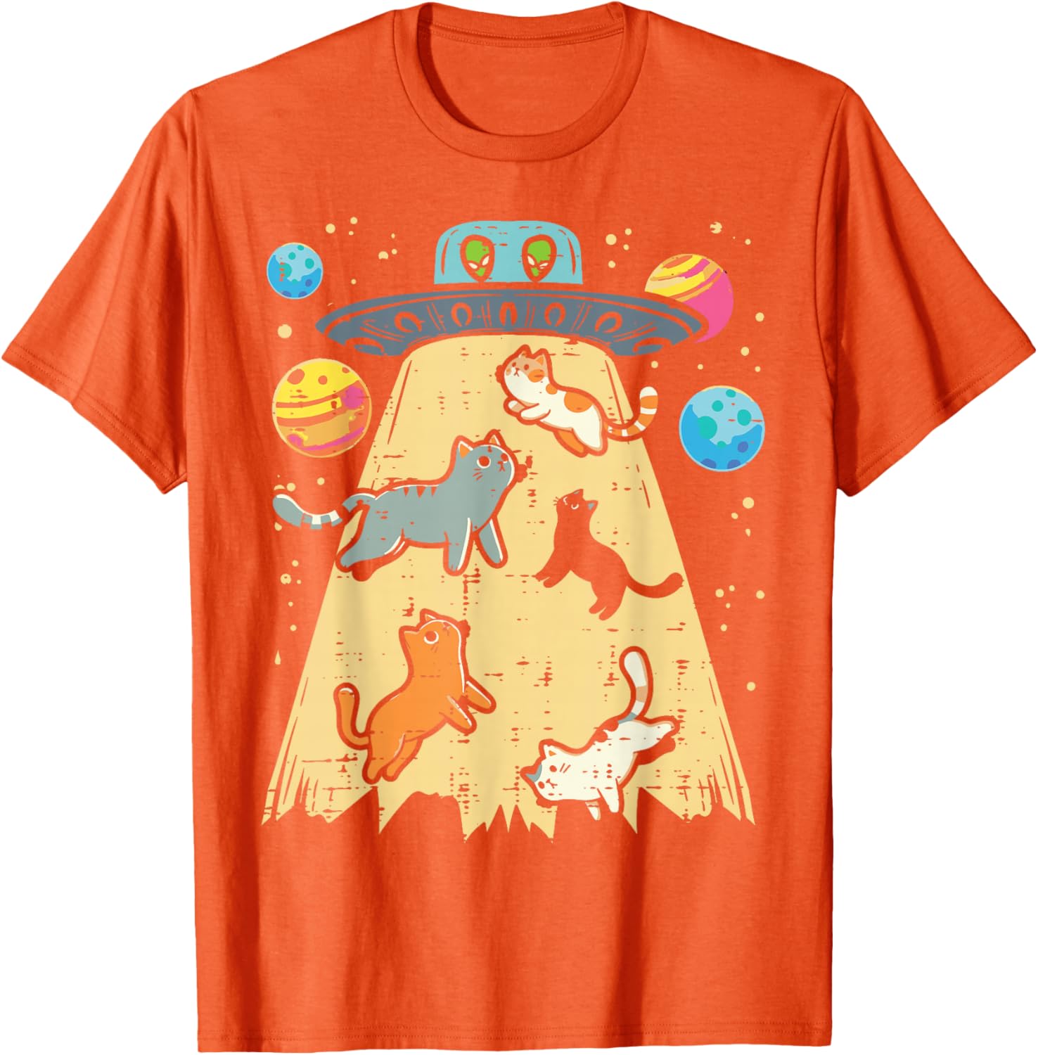 

Alien Abduction Cats UFO Graphic Tee Men Casual Cotton Short Sleeve T-Shirt Trip 4XL