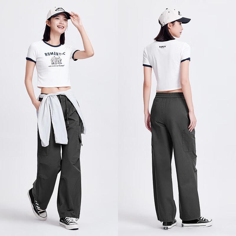 Women's Elastic Waist Wide-Leg Cargo Pants with Two-Way Hem