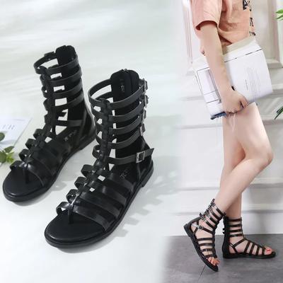 Summer Fashion Women's Pinch Toe Thin Belt Combination Buckle Zipper Middle Tube Flat Sandals Casual Shoes