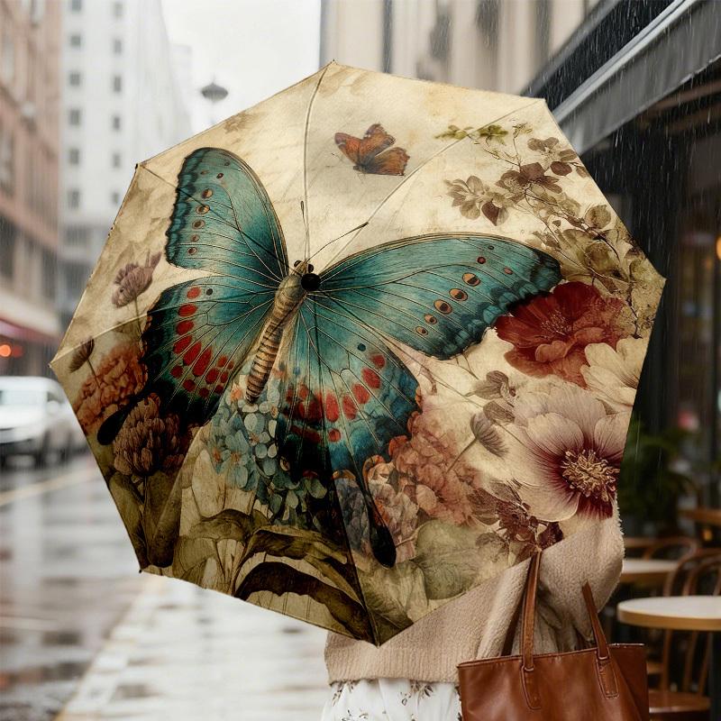 1pc Butterfly Flowers Automatic Folding Umbrella, Heavy Duty 8 Rib Iron Frame,  Suitable for Travel, Daily Use, Birthday, Decor Gift m0104088