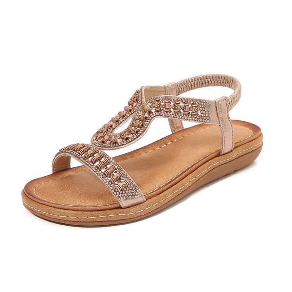 Fashion Low Sandals Woman Leather 2025 Summer Large Size Female Shoe Round Toe Low-heeled Fashion Rhinestone Big Flat Girls Beige Bohemi