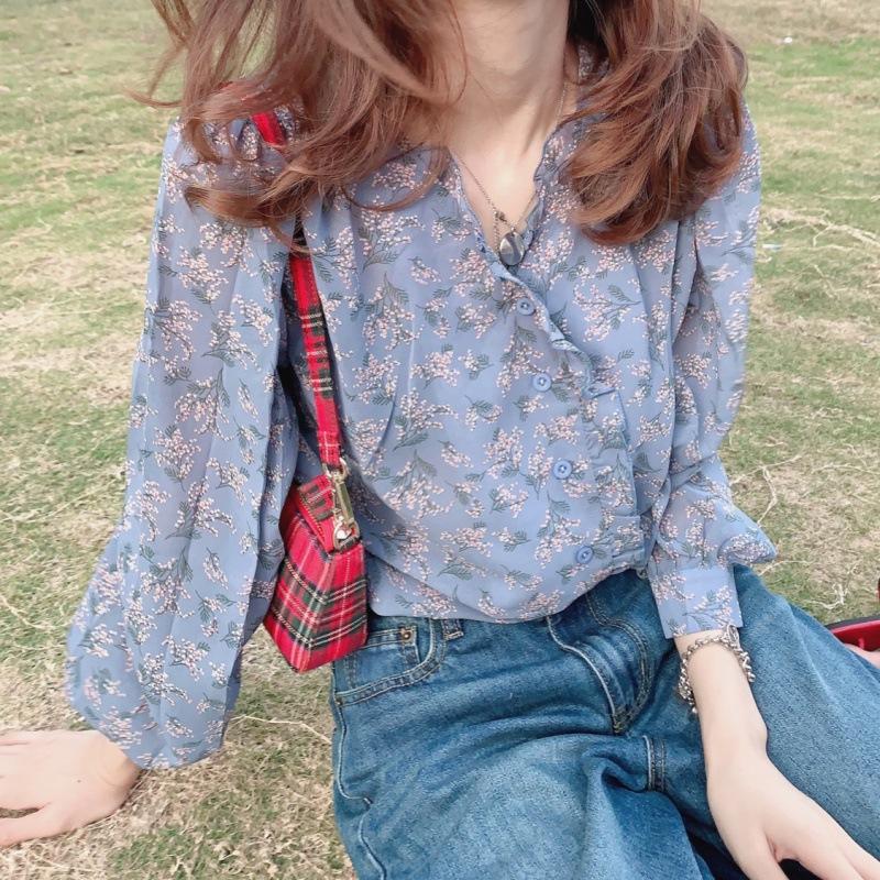 1116 New Shirt Korean Version of Foreign Style Gentle Wind Floral Chiffon Shirt Women's Long-sleeved Bottoming Shirt Bubble Sleeve Top