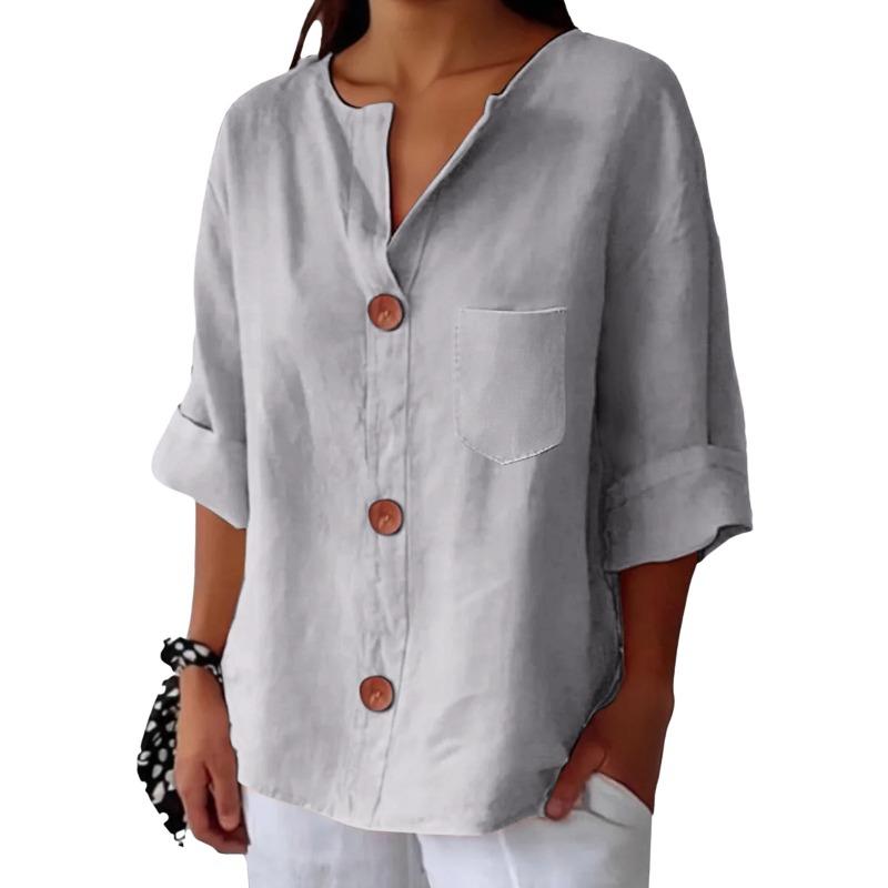 T-shirt da donna estiva nuova, larga, in cotone e lino, con scollo a V, bottoni, casual