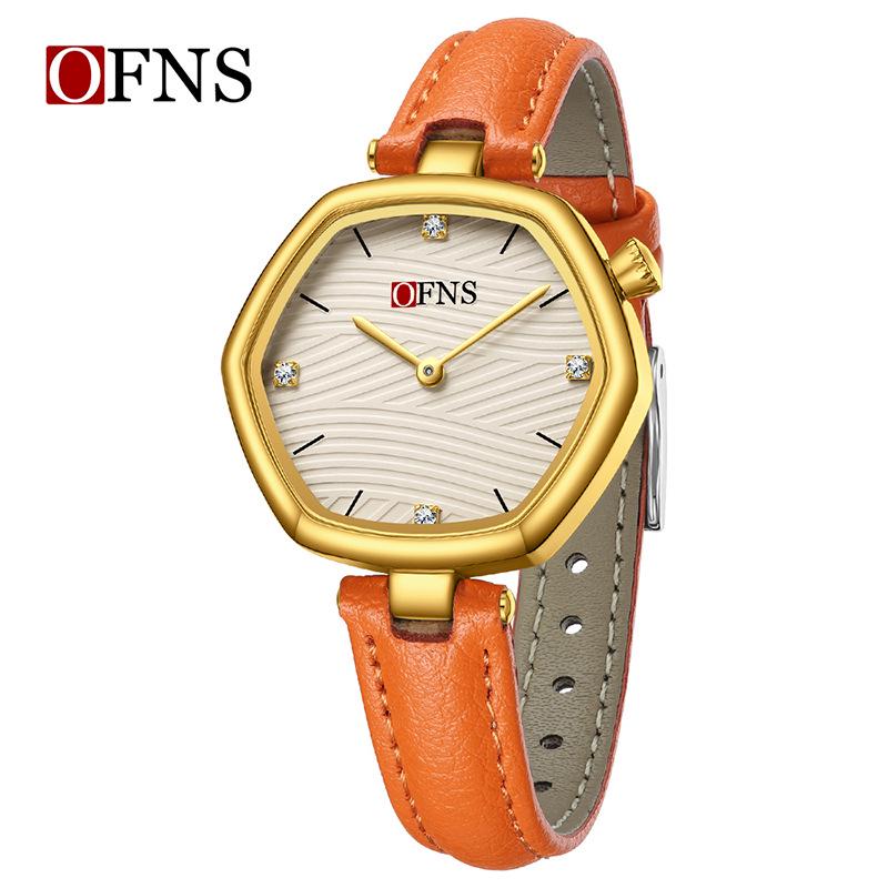 

OFNS Women s Hexagonal Dial Waterproof Quartz Watch with Leather Strap.