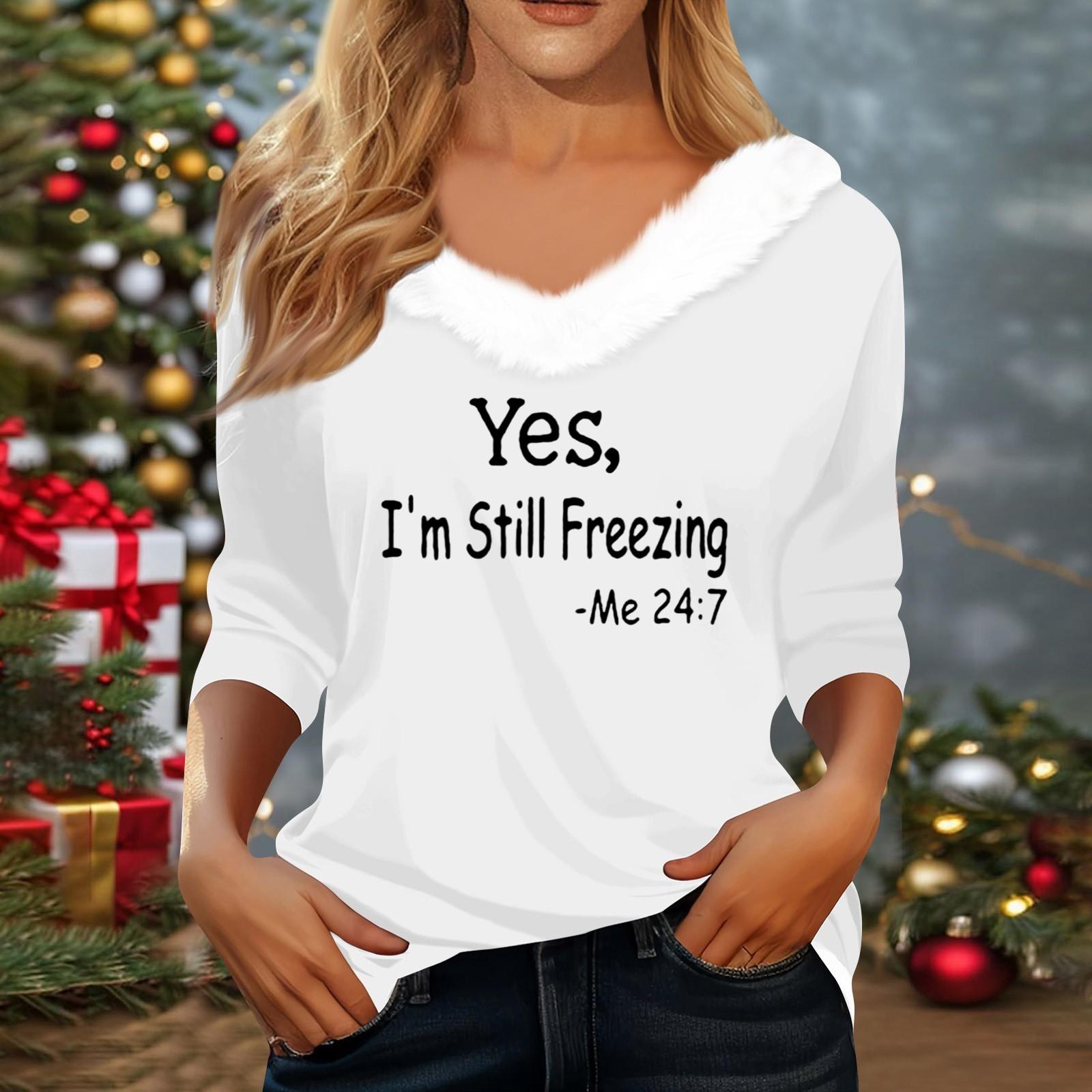 

Женская футболка, рождественская рубашка с длинным рукавом, вечерние, рождественский флисовый воротник, топ с v-образным вырезом XL белый