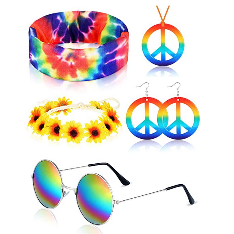 Halloween Cosplay Hippie Peace Symbol Jewelry Set: Colorful Earrings & Necklace