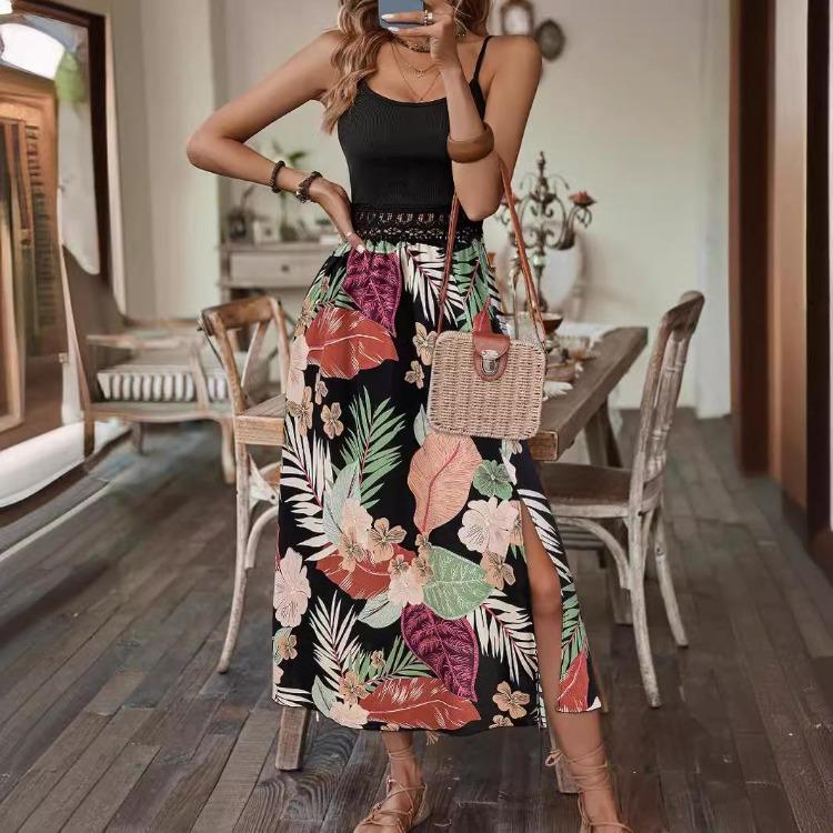 Summer Women Casual Sleeveless Strapless Camisole Dress High Waist A-Line Long Dresses Solid Color Print Suspender XS XL Spring