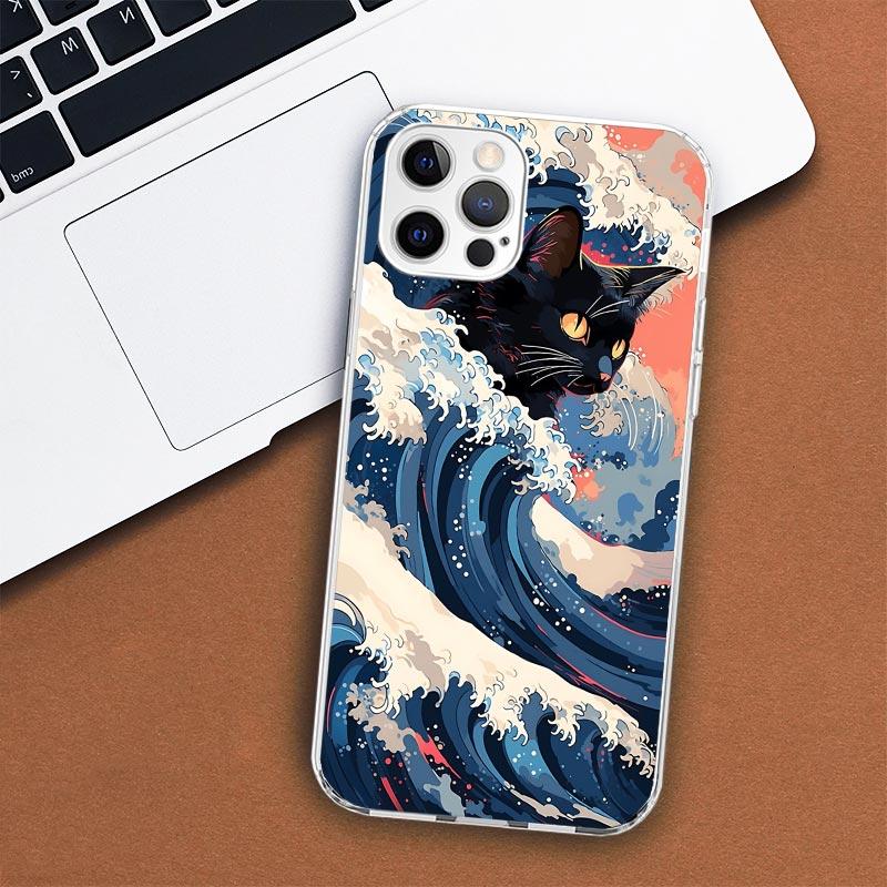 

Эстетический чехол для телефона с изображением кота и морской волны для Apple iPhone 11 12 13 15 14 Pro 7 XR X XS Max 8 Plus + Mini SE, мягкий мягкий принт с индивидуальным принтом iPhone 11