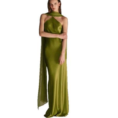 European and American Women's Clothing Satin Streamer Neck Sleeveless Slim Backless Temperament Dress