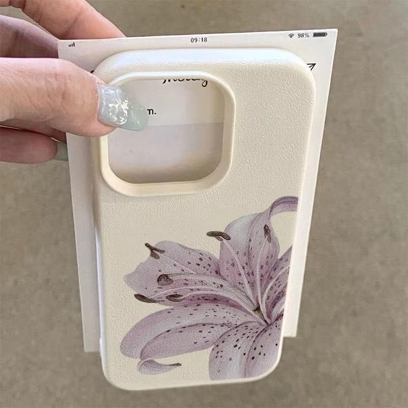 Husă de telefon cu model de floare de crin mov și textură de litchi pentru iPhone 17 Pro Max 16 Plus 15 Pro 14 13 12 11 XS XR 17Air Husa moale