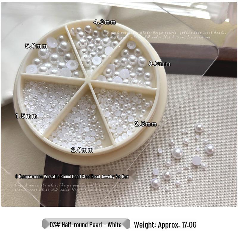 6-Compartment Pearl Nail Art Set: Gold, Silver, Steel Beads & Rhinestones