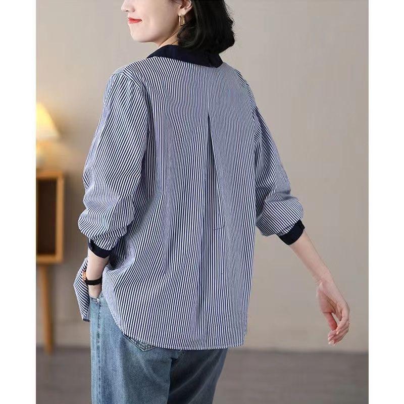 Striped Women's Loose Versatile Doll Collar Long Sleeve Shirt Ladies Top