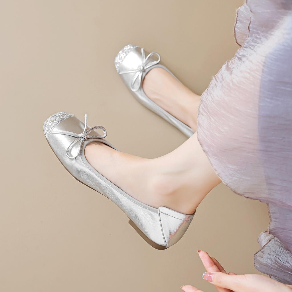 Single shoes women's flat bow soft sole light mouth silver Mary Jane shoes