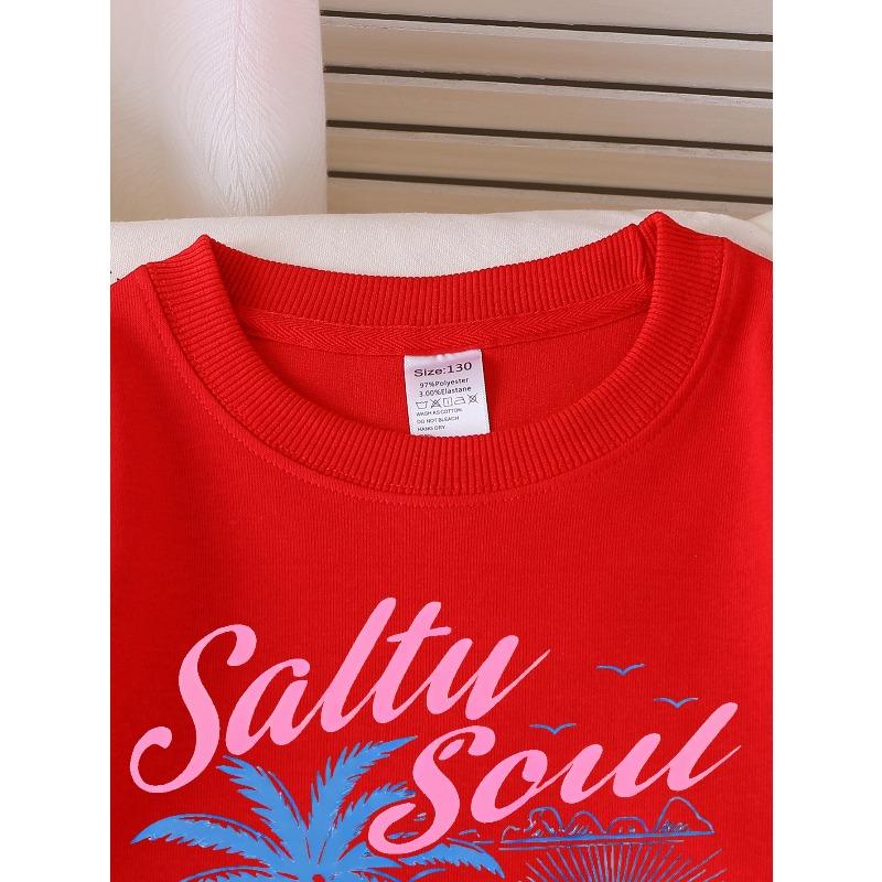 Europäische Größen Mädchen Weiches Rundhals-Sweatshirt Saltu Soul Tropischer Strand Palmenbaum Sonnenschein Aufdruck, Lässig Vielseitig Kombinierbar, Ideales Urlaubsgeschenk