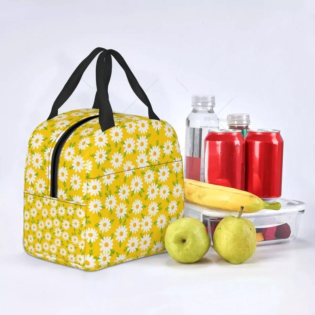 Floral Daisy Print Insulated Lunch Bag for Women Chamomile Flowers Cooler Thermal Lunch Tote Box Portable Picnic Food Bento Bags