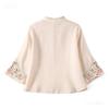 Women's Vintage Inspired Loose Fit Embroidered Mandarin Collar Button Front Cotton Linen Blend Blouse With Three Quarter Sleeves
