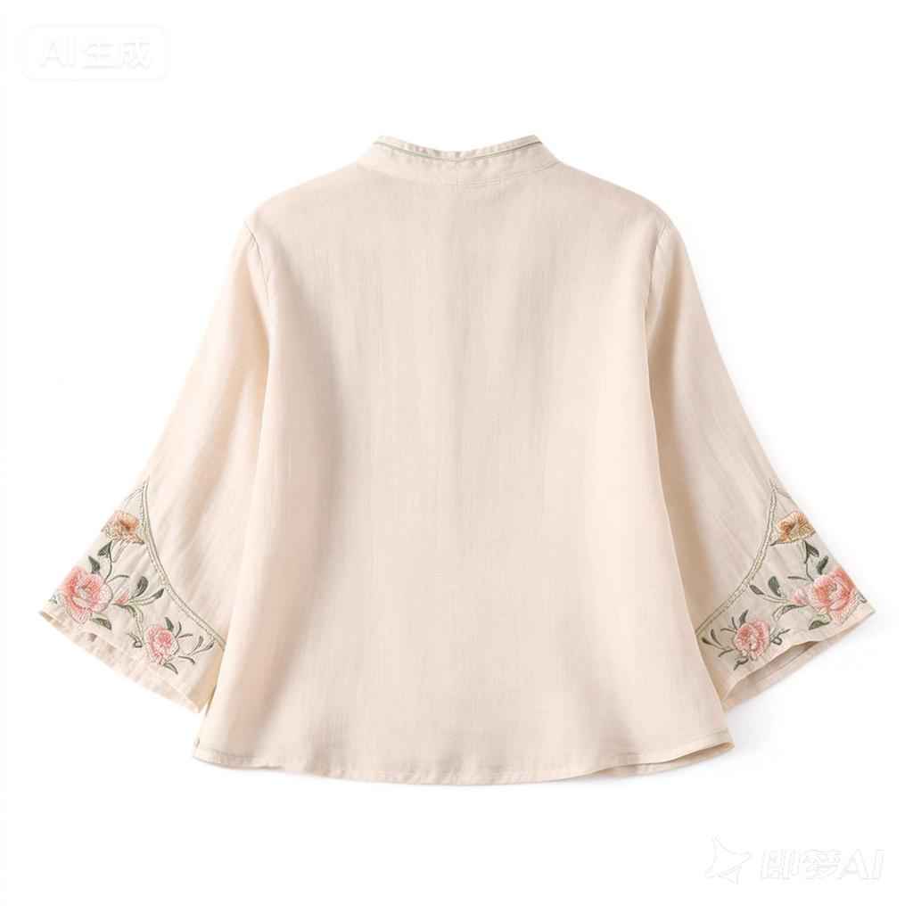 Women's Vintage Inspired Loose Fit Embroidered Mandarin Collar Button Front Cotton Linen Blend Blouse With Three Quarter Sleeves