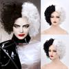 Nová Cosplay paruka CRUELLA De Vil Napůl bílá Napůl Černá Syntetické krátké vlnité paruky s ofinou Pro ženy Tepelně odolné přírodní vlasy