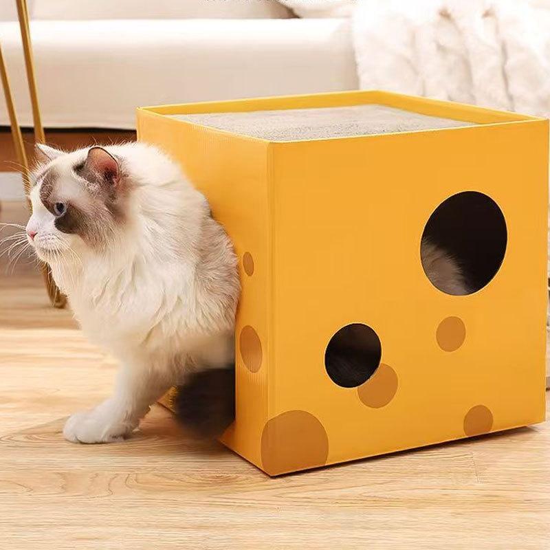 2-Layer Foldable Cardboard Cat House Fun Cheese Design Breathable Sturdy Scratching Post Cat Beds for Sleeping And Playing