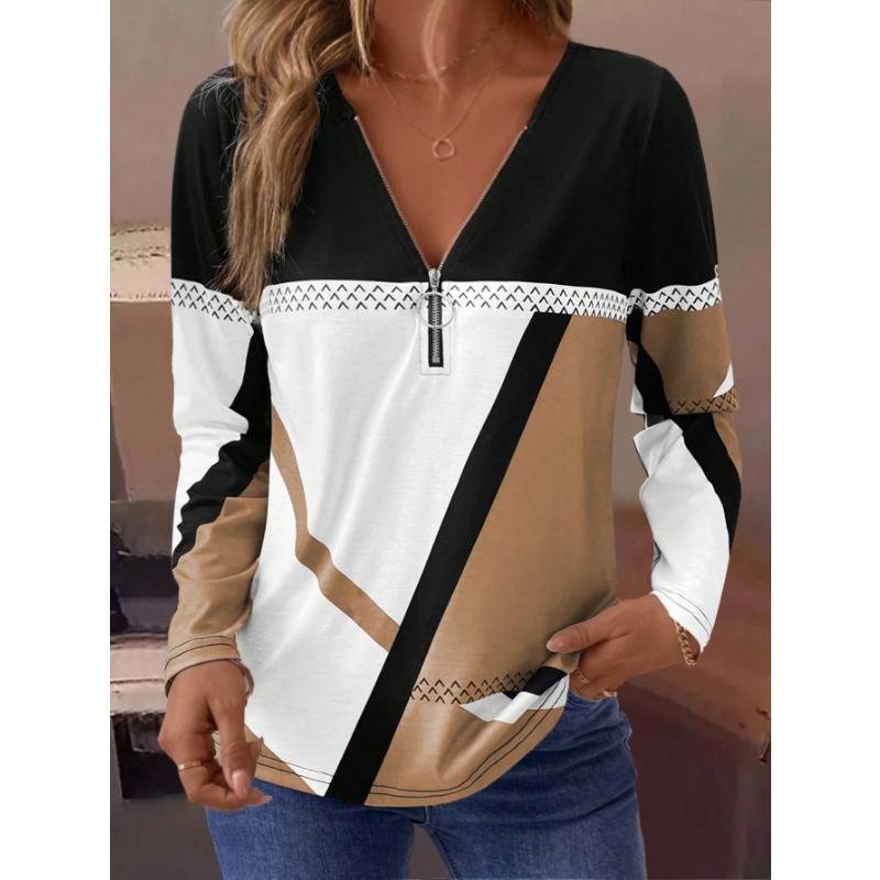 LanaWest Damen Casual Herbst/Winter Langarm-T-Shirt mit halbem Reißverschluss am Ausschnitt, Grafik-T-Shirts mit geometrischem Print, Damenoberteile für den Frühling