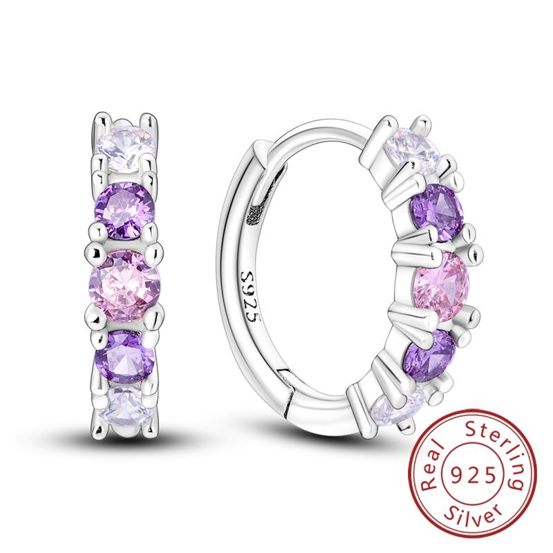 New Original 925 Silver Hoop Earrings Purple Zircon Flowers Butterflies Studs Earring For Women Wedding Engagement Gift