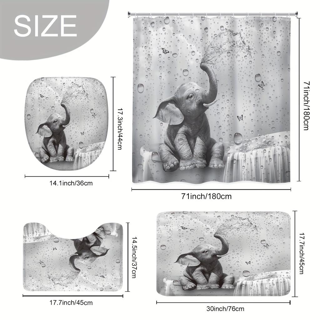 Charming Elephant & Wildlife Shower Curtain Set - Waterproof Polyester With 12 Hooks, Anti-Slip Bath Mat, U-Shaped Toilet Mat, A