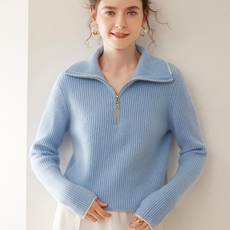 2024 Autumn/Winter Women's High-Neck Cashmere Half-Zip Sweater - Loose Fit, Cozy and Stylish
