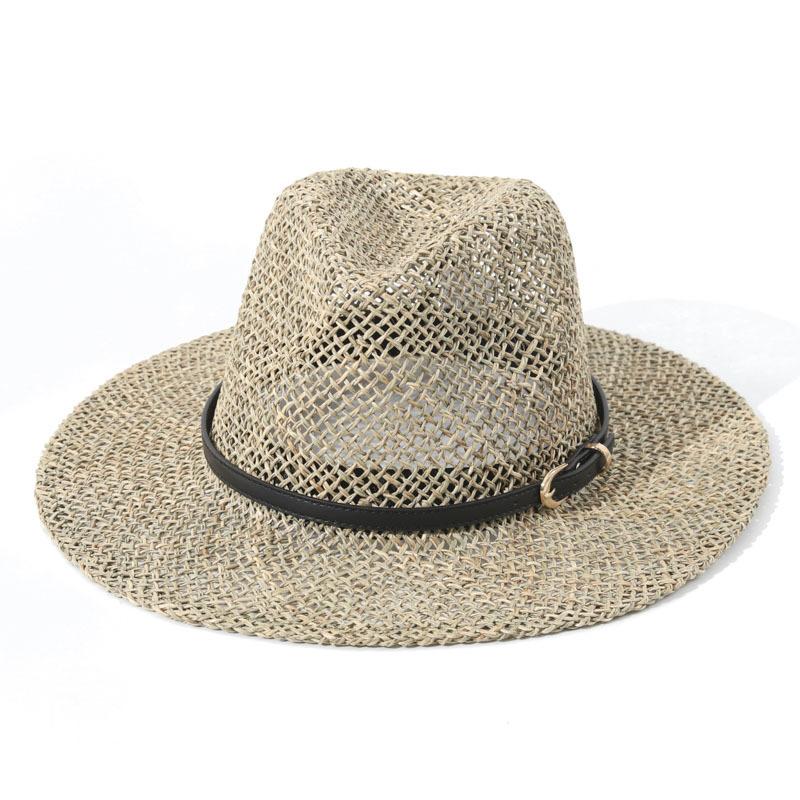 Cappello da Sole Estivo in Erba Marina Intrecciata, Punta con Cinturino in Pelle, Moda Europea Americana Nuova Esportazione