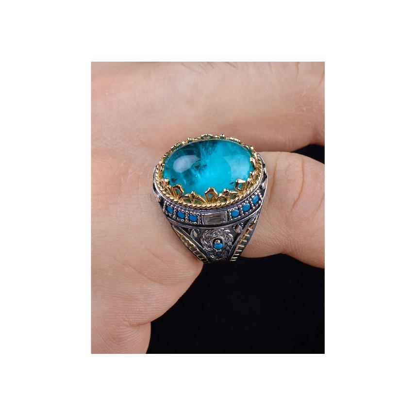 

Мужское кольцо из стерлингового серебра с камнем Параиба, украшенным бирюзовым камнем (494759182)