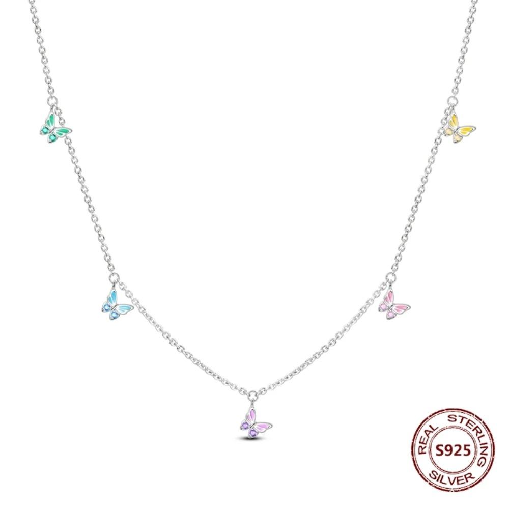 925 Silver Lucky Unicorn Necklace with Butterfly Firefly Bear Paw Print Zircon Chain Link Heart Jewelry for Women