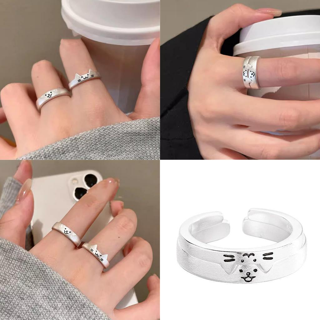 2pcs Adjustable Cute Cats and Dog Cartoon Ring for Women Adjustable Size Friendship Ring Fashion Engagement Jewelry