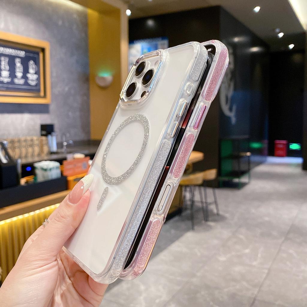 For iPhone 16 Pro Clear Case TPU + Acrylic Glitter Phone Cover Compatible with MagSafe